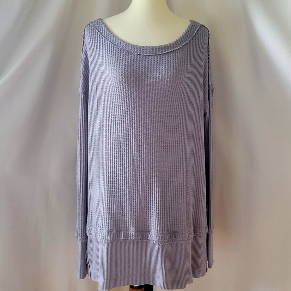Free People lilac-grey distressed tunic thumb slits waffle weave XS